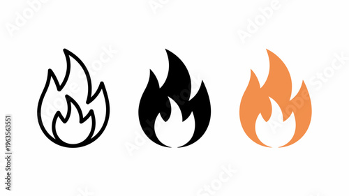 Three flame icons are displayed showcasing variations in style outline solid black and vibrant color gradients high quality professional detailed modern elegant stylish clean crisp colorful