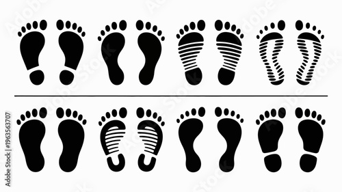 A collection of black footprints displays varying sole patterns and designs arranged in two horizontal rows for comparison high quality professional detailed modern elegant stylish clean