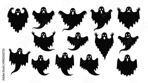 Collection of 13 black silhouette ghosts with hoods