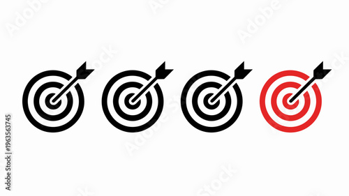 Four variations of a dartboard target are displayed progressing from empty to fully hit showcasing accuracy and achievement high quality professional detailed modern elegant stylish clean