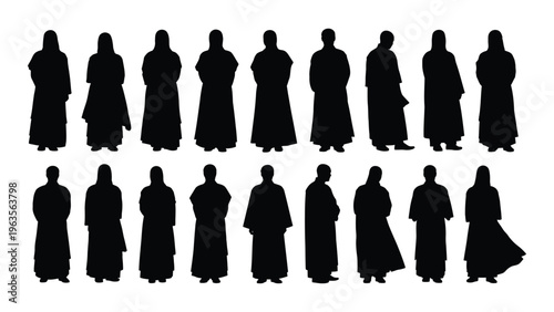 Silhouettes of people in robes standing in two rows