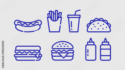A collection of fast food icons is displayed including a hotdog fries drink taco burger and condiments high quality professional detailed modern elegant stylish clean crisp