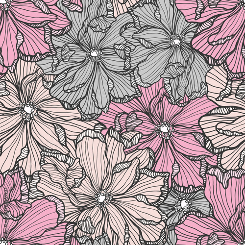 Elegant primrose silhouettes for feminine surface design. Perfect print for feminine fashion and textile. Symmetrical marigold heads for traditional decorative art.