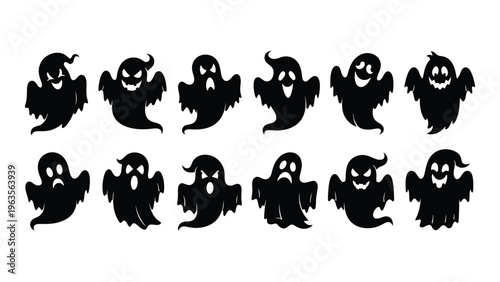 Collection of 12 black silhouette ghosts with various facial expressions