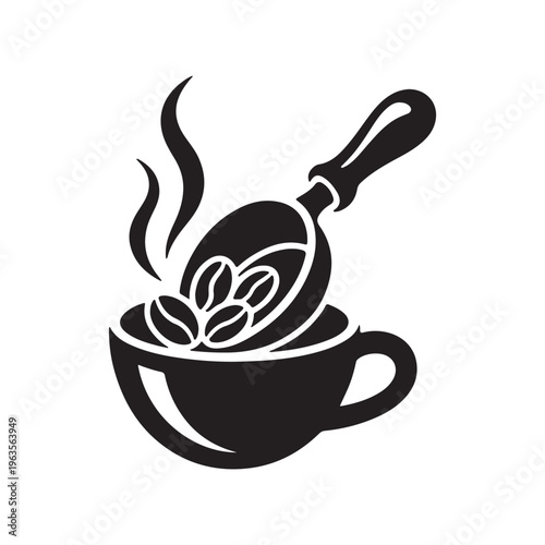 Coffee Beans Scoop in Hot Coffee Cup Icon – Black Silhouette Vector Illustration