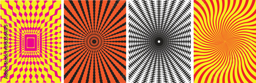 Retro Pop Art Sunburst and Op Art Spiral Texture Set of 4, Colorful Abstract Backgrounds