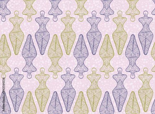 Slavic woman copper age culture endless ornament. Abstract ukrainian tribal vector. Naive pagan legacy harvest archetype figurine. Pottery ornament outline.