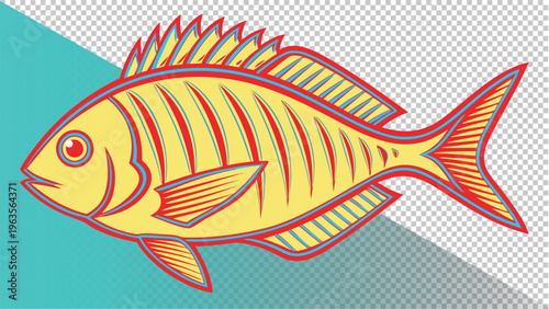 Yellow fish graphic, red outline and fins, stylized aquatic animal illustration with detailed scales, sea creature, vector art, tail fin, dorsal fin, flat design, digital art