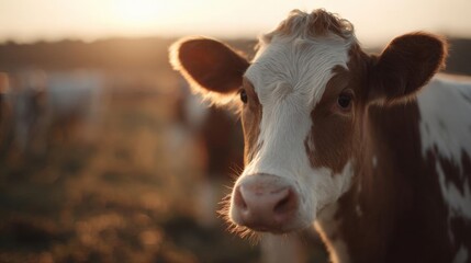Close-up of a brown and white cow's face. the cow is looking directly at the camera with a curious expression.