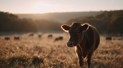 Photograph of a brown cow standing in a field. the cow is facing the camera and is looking directly at the camera. the field is covered in dry grass and there are a few other cows in the background.