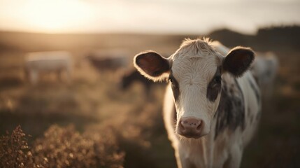 Close-up of a cow's face. the cow is standing in a field with other cows in the background. the sun is setting, casting a warm glow over the scene.