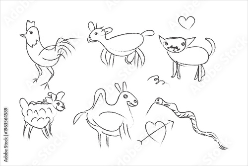 A collection of simple animal drawings including a rooster deer cat goat horse and cow