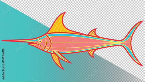 Graphic illustration of a pink marlin or swordfish, predatory sea creature with a distinctive bill, stylized marine design, pink fish, hand drawn, line art