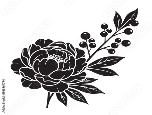 Elegant peony and berry branch silhouette with graceful woodland aesthetic
