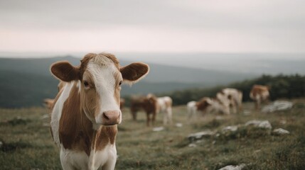 Photograph of a cow standing on a grassy hilltop. the cow is facing the camera and is looking directly at the camera. it has a light brown coat with white patches on its face and ears.