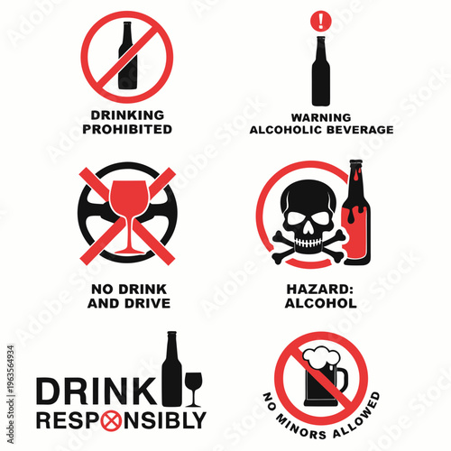 Alcohol Warning and Prohibition Sign Vector Set - Don't Drink and Drive Symbols