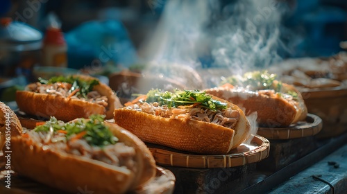 Steaming fresh vietnamese banh mi sandwiches served on small bamboo trays at a busy street food stall featuring crispy baguettes topped with savory meat and fresh herbs