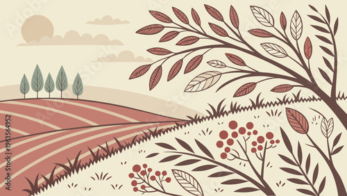 Stylized landscape illustration of rolling hills and trees under a cloudy sky, with autumnal foliage and berry bushes in the foreground, flat design, earth tones