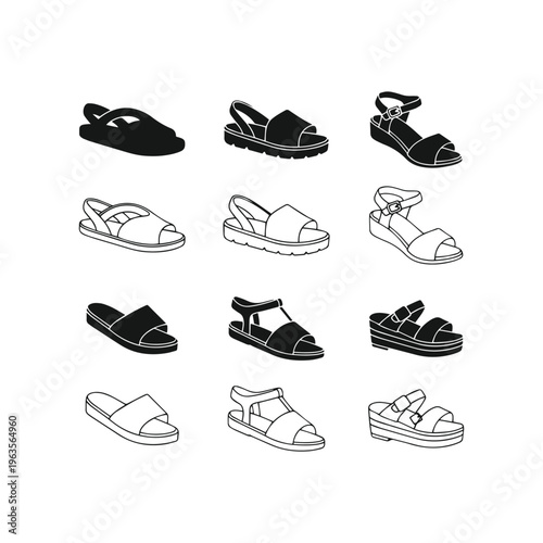 Assorted summer footwear collection: sandals, espadrilles, slides, and strappy heels in outline and silhouette, flip flop