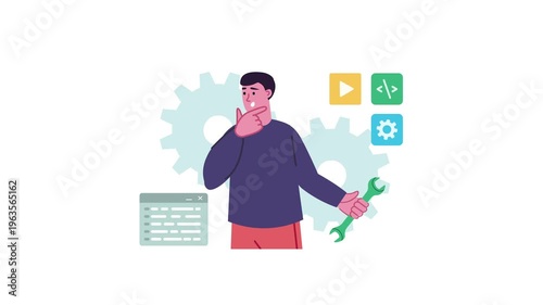 Animated developer troubleshooting software with code and settings icons