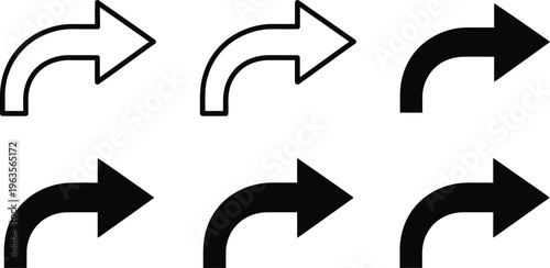 A set of six black and white curved arrow icons