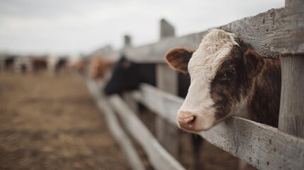 Close-up of a cow's face peeking over a wooden fence. the cow is brown and white with a pink nose and is looking directly at the camera.