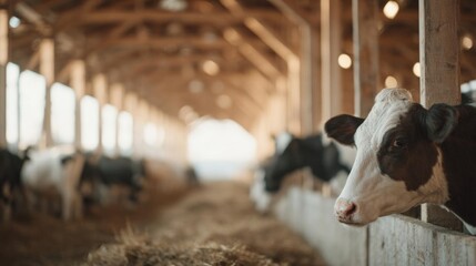 Black and white cow standing in a barn. the cow is looking directly at the camera with a curious expression. the barn has a high ceiling with wooden beams and is filled with hay.