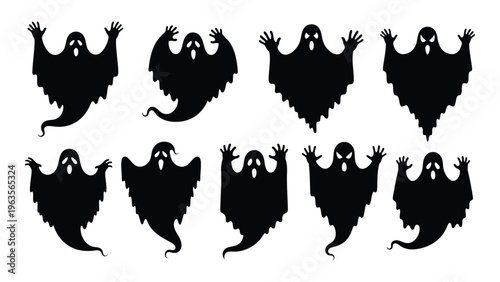 Eight black silhouette illustrations of ghostly figures with hooded capes