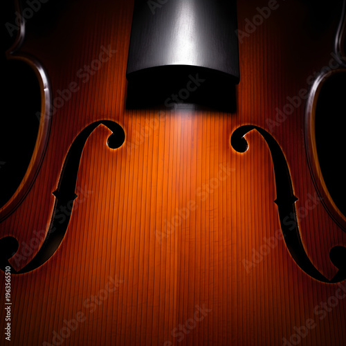 Close-up of a violin's body with f-holes and bridge