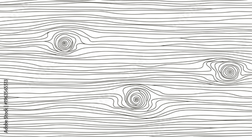 Hand drawn wood grain texture vector illustration featuring natural timber patterns and knots in black line art for creative backgrounds