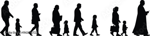 Silhouette of people walking in various poses and sizes on white background