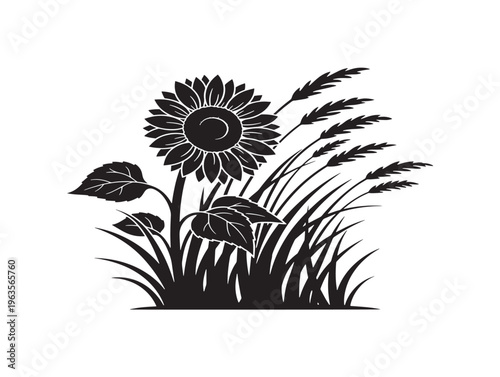 Dynamic sunflower and grass wind silhouette for organic farm and harvest branding