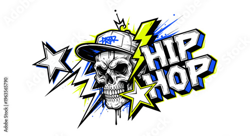 Dynamic Hip Hop Skull Illustration with Graffiti Elements