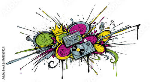 Dynamic Music Burst: Retro Audio Equipment and Vibrant Graffiti Elements