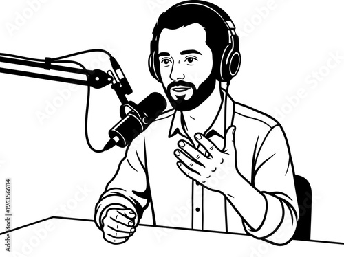 Man Recording Podcast with Microphone