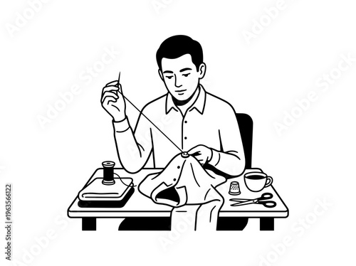 Man Sewing Button on Shirt by Hand