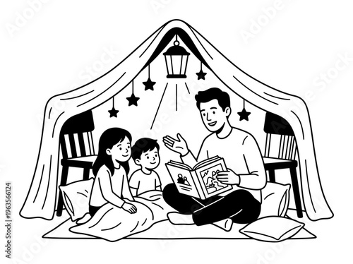 Father Reading Bedtime Story in Blanket Tent