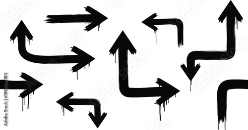 Set of black graffiti dripping paint arrows vector illustration collection with messy ink brush strokes for urban street art designs
