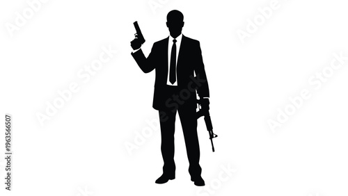 Silhouette of a man in a suit holding a gun