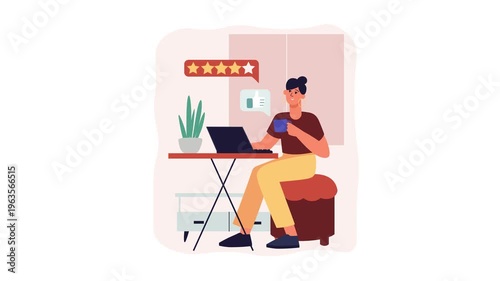 Woman working on laptop in home office with five-star review illustration