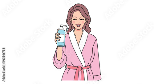 Smiling woman in pink bathrobe holding bottle of body lotion in colorful flat illustration for beauty product advertisement