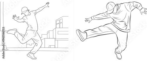 Two line of male dancers in dynamic poses with urban background line black and white