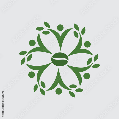 Green floral design featuring coffee bean center creating a symmetrical emblem