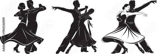 Black silhouette of ballroom dancers in dynamic poses on white background ballroom dancing
