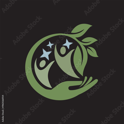 Symbolic logo featuring people embraced by hands and surrounded by foliage