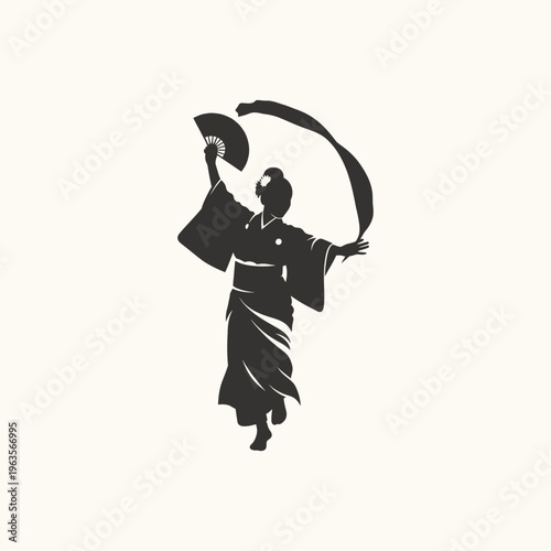 Silhouette of Japanese Woman Dancing in Kimono with Fan and Flowing Ribbon