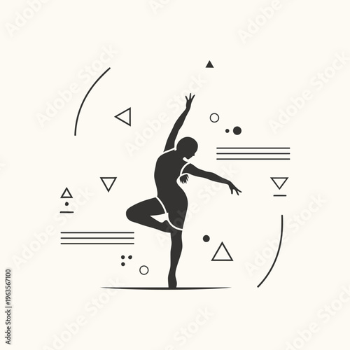 Elegant female dancer silhouette in a dynamic pose with abstract geometric elements