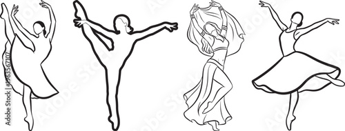 Four diverse dancers in dynamic poses black and white line dancing ballet belly dance