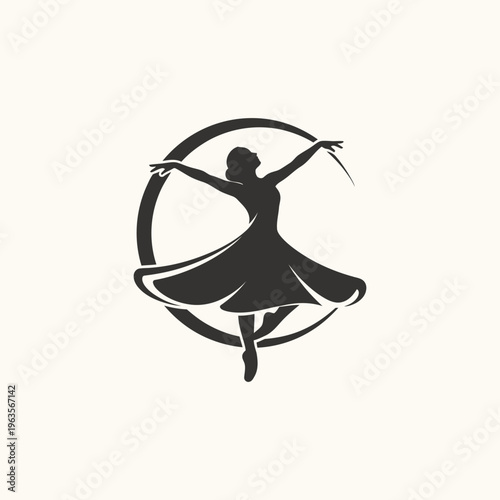 Graceful Woman Ballet Dancer Silhouette with Flowing Dress in Circular Frame