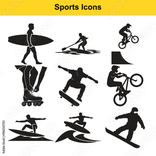 Collection of black silhouette icons depicting various extreme sports and leisure activities like surfing, skateboarding, biking, and snowboarding.